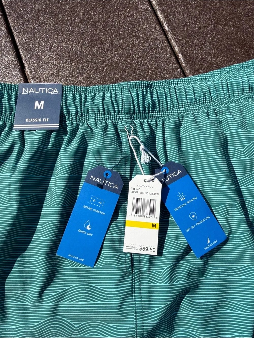 Nautica Men’s Teal Striped Swim Trunks with White Drawcord